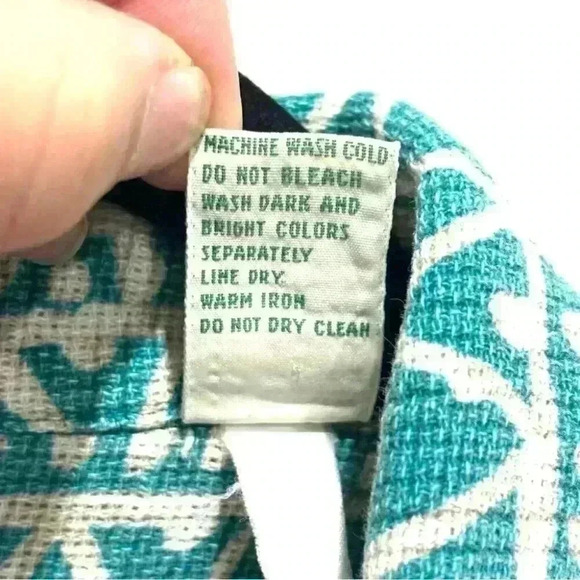 Vintage LL Bean Teal Cream Geometric Pattern Short Sleeve Button Down Shirt L - Picture 5 of 7